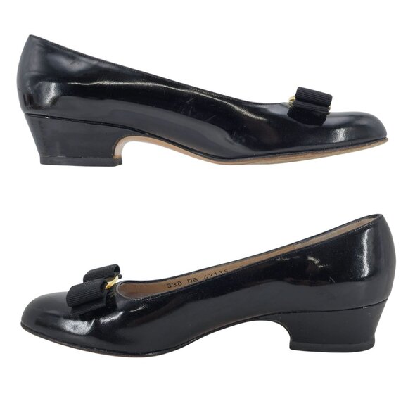 Vintage Salvatore Ferragamo Italy Womens 7B Black Leather Vara Bow Pumps Heels - Picture 9 of 11